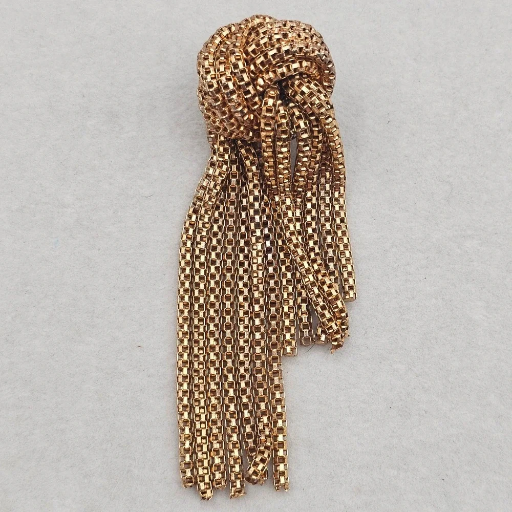 Vintage Gold Tone Knotted Tassel Brooch Statement Fringe Pin Uneven Cascade